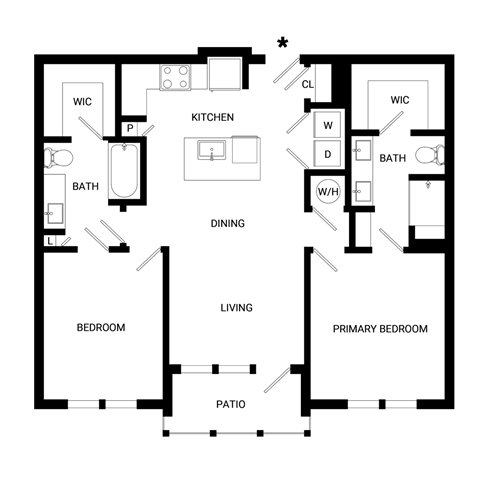 Floor plan for 2 beds, 2 baths, 1060 sqft